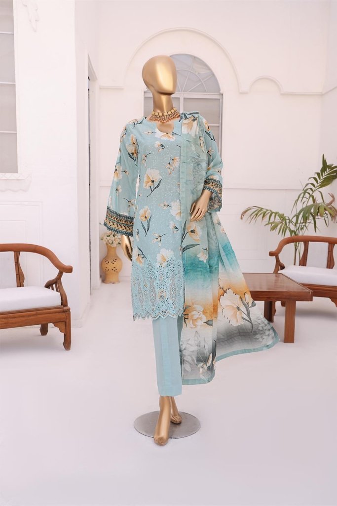 3D Daman Kari Vol 2 Unstitched Digital Printed Lawn With Embroidered Hemline With Digital Printed Voil Duppata DAM-017