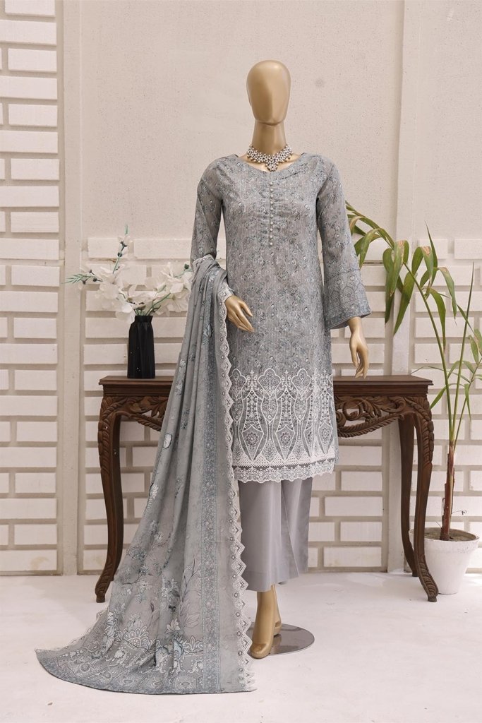 Pearl White Vol-2 Unstitched Digital Printed Lawn With Embroidered Front & 2 Side Scalloped Printed Voil Duppata PEA-012