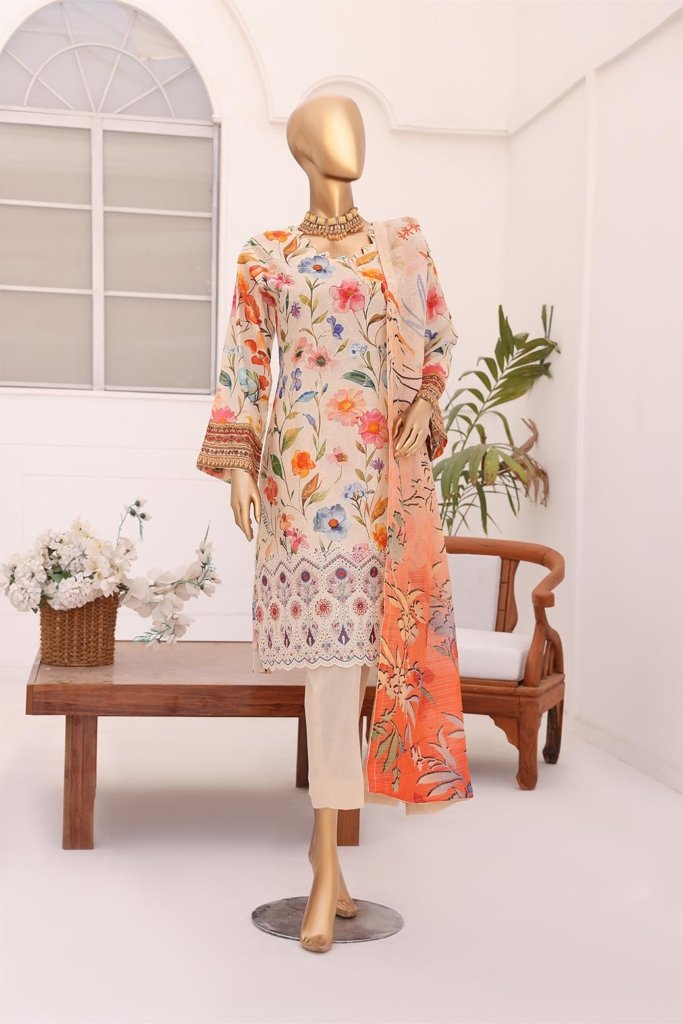 3D Daman Kari Vol 2 Unstitched Digital Printed Lawn With Embroidered Hemline With Digital Printed Voil Duppata DAM-018