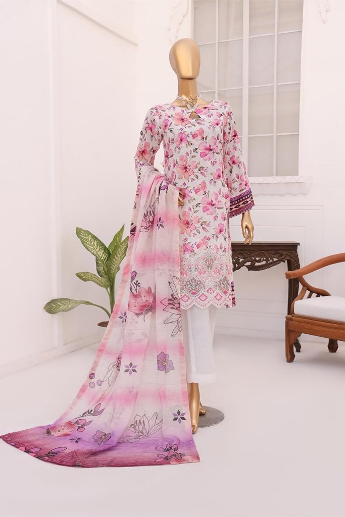 3D Daman Kari Vol 2 Unstitched Digital Printed Lawn With Embroidered Hemline With Digital Printed Voil Duppata DAM-019