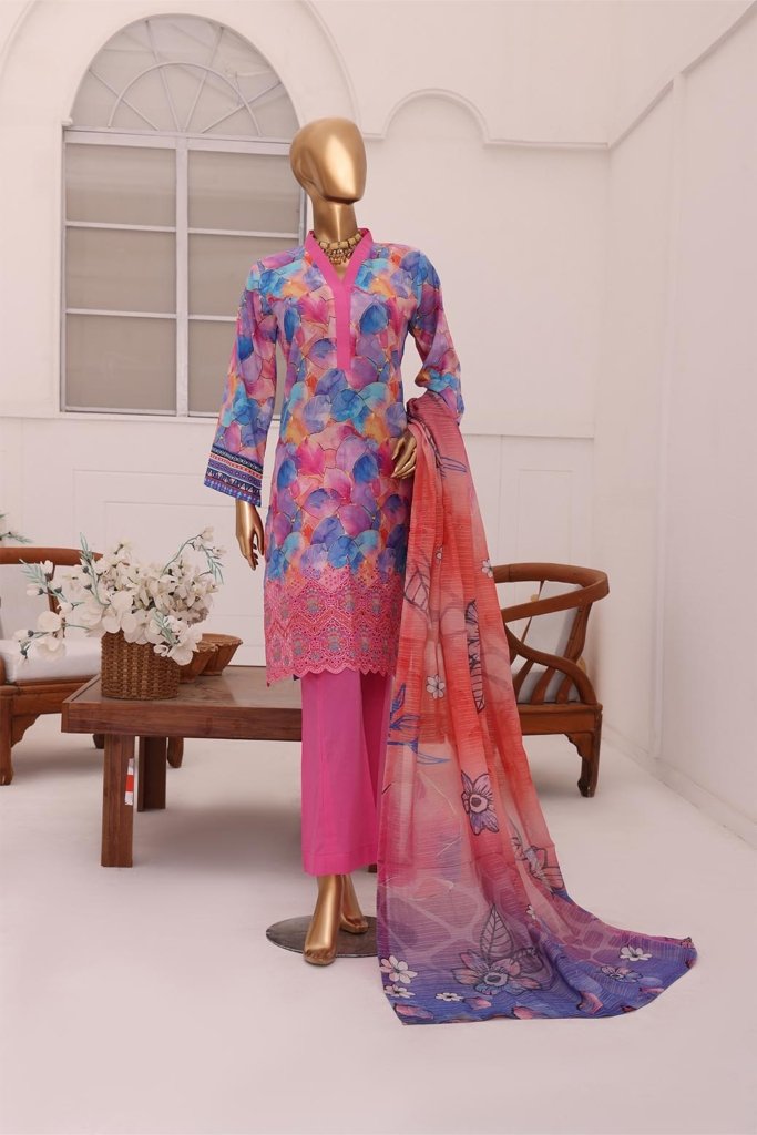 3D Daman Kari Vol 2 Unstitched Digital Printed Lawn With Embroidered Hemline With Digital Printed Voil Duppata DAM-011