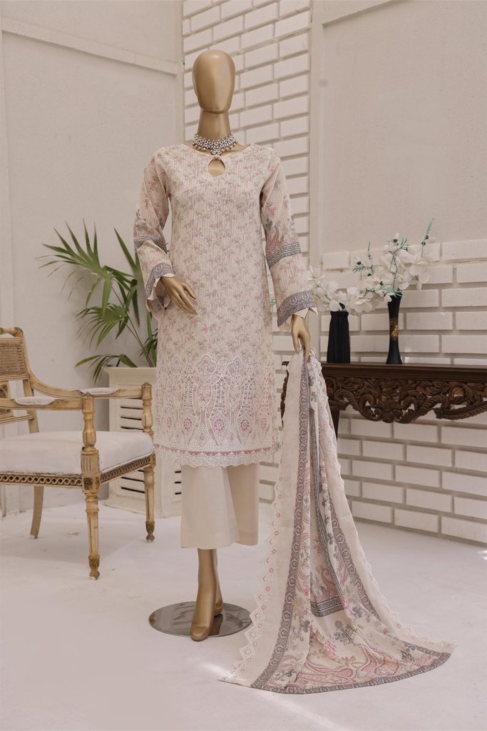 Pearl White Vol-2 Unstitched Digital Printed Lawn With Embroidered Front & 2 Side Scalloped Printed Voil Duppata PEA-016
