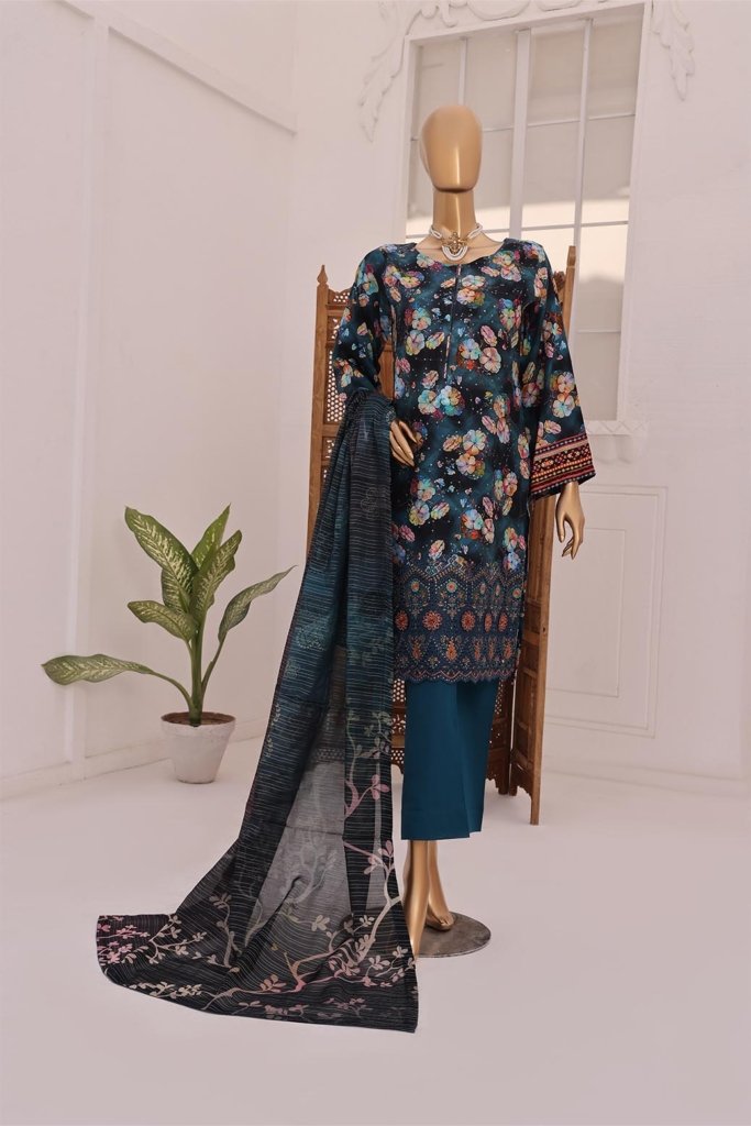 3D Daman Kari Vol 2 Unstitched Digital Printed Lawn With Embroidered Hemline With Digital Printed Voil Duppata DAM-012