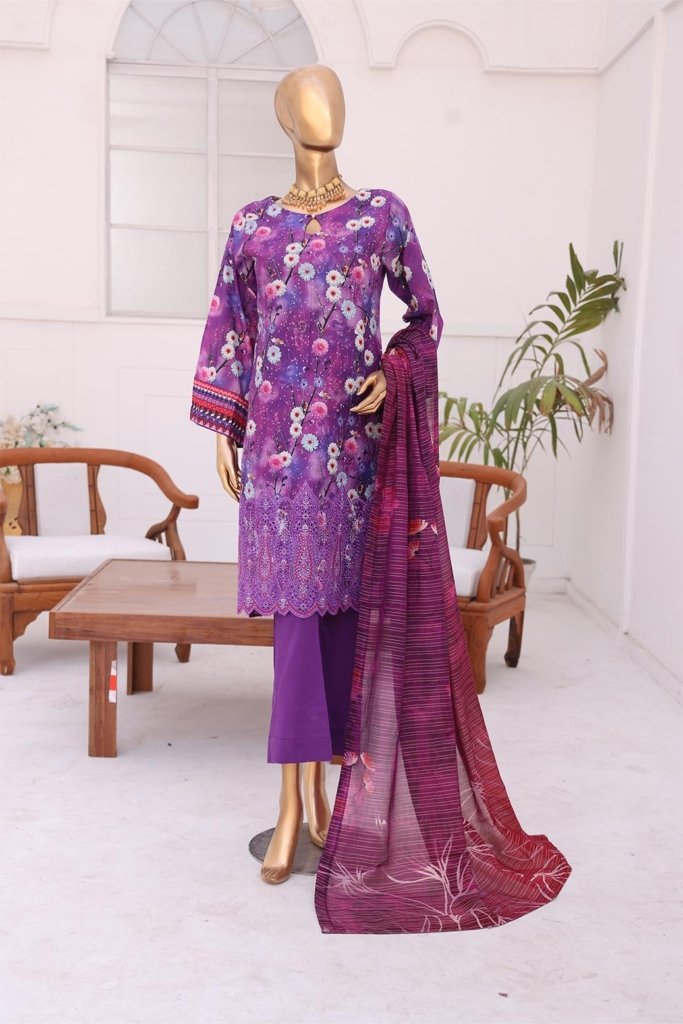 3D Daman Kari Vol 2 Unstitched Digital Printed Lawn With Embroidered Hemline With Digital Printed Voil Duppata DAM-015