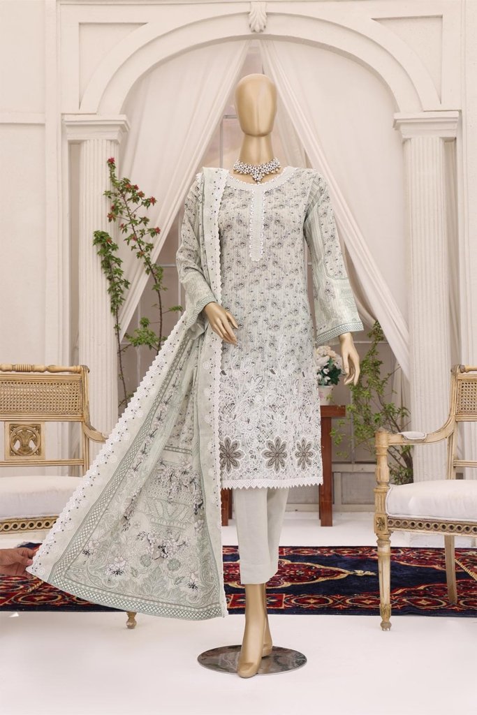 Pearl White Vol-2 Unstitched Digital Printed Lawn With Embroidered Front & 2 Side Scalloped Printed Voil Duppata PEA-020