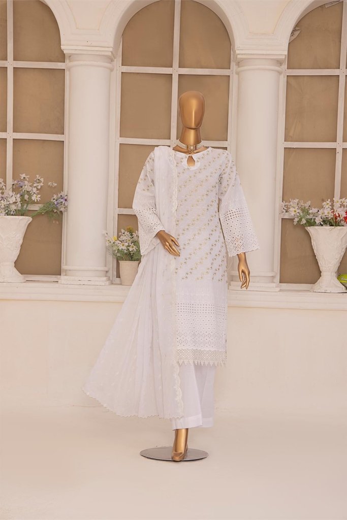 Monochrome Unstitched Dyed Zari Schiffli Shirt With Fancy Embroidered Bamber Chiffon Duppata MON-002