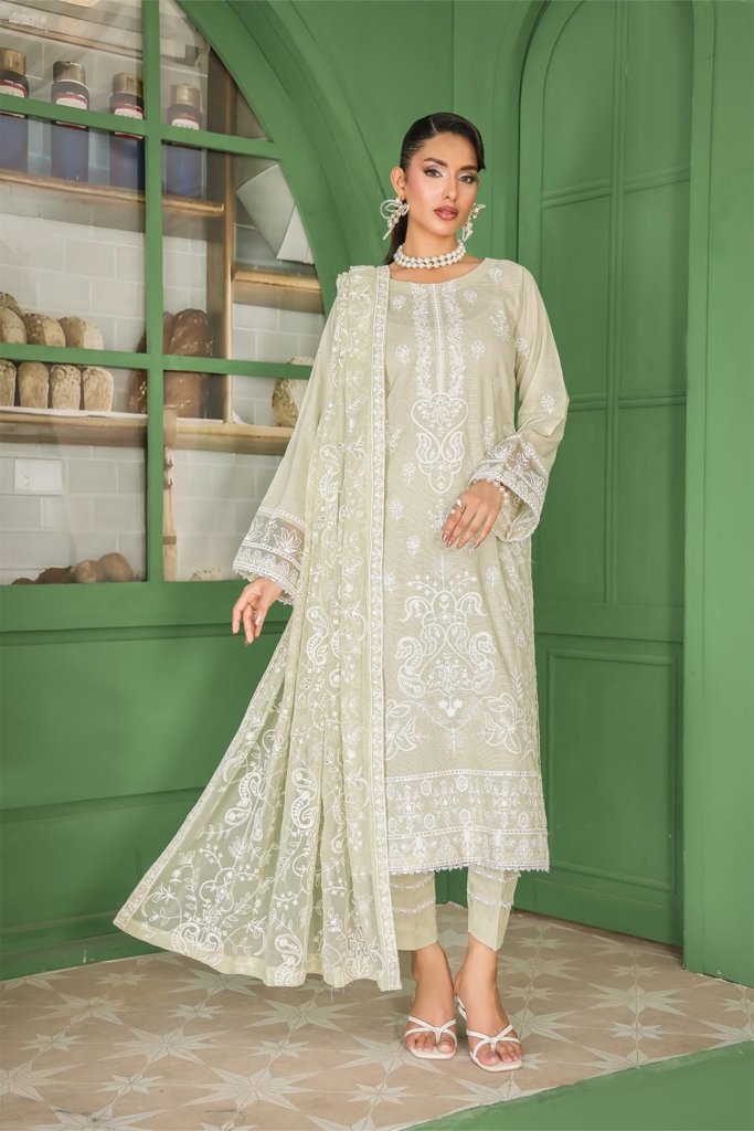 Vanilla Unstitched Dyed Embroidered Doriya Lawn With Exclusive Embroidered Bamber Chiffon Duppata VAN-002