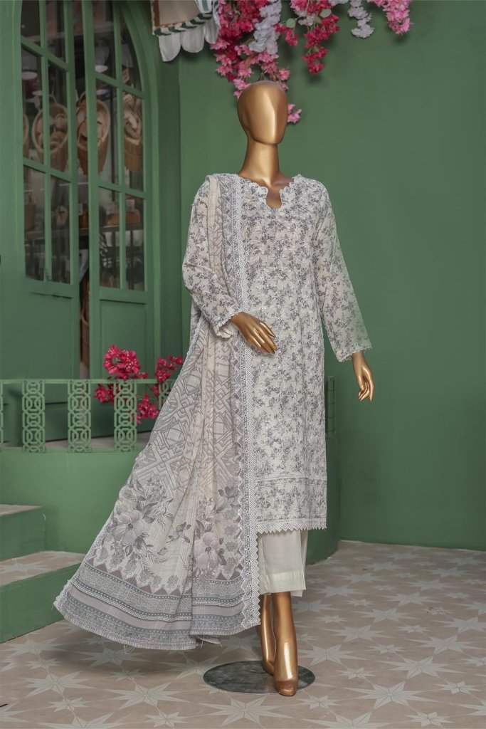 Pearl White Vol-3 Unstitched Digital Printed Lawn With Embroidered Front & 2 Side Scalloped Printed Voil Duppata PEA-023