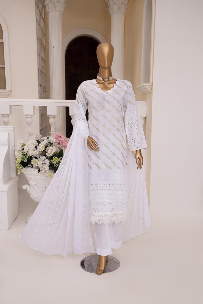 Monochrome Unstitched Dyed Zari Schiffli Shirt With Fancy Embroidered Bamber Chiffon Duppata MON-004