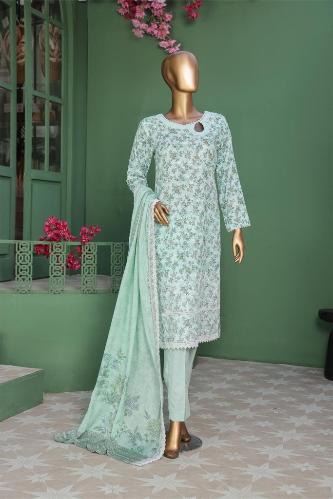 Pearl White Vol-3 Unstitched Digital Printed Lawn With Embroidered Front & 2 Side Scalloped Printed Voil Duppata PEA-024