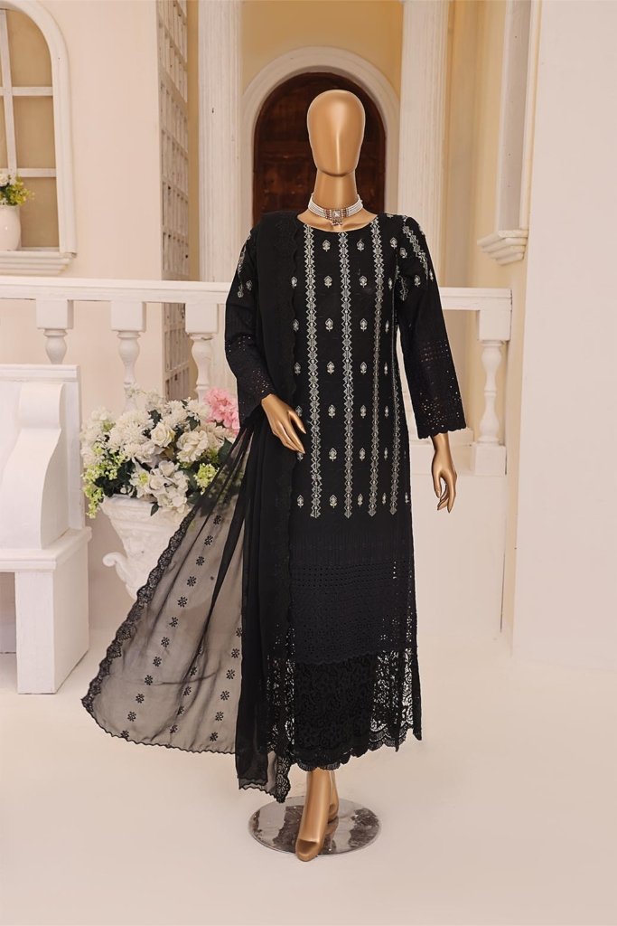 Monochrome Unstitched Dyed Zari Schiffli Shirt With Fancy Embroidered Bamber Chiffon Duppata MON-003