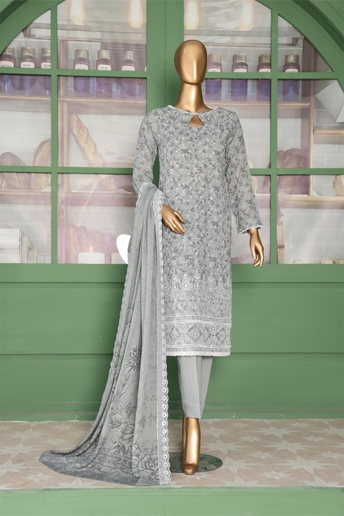 Pearl White Vol-3 Unstitched Digital Printed Lawn With Embroidered Front & 2 Side Scalloped Printed Voil Duppata PEA-025