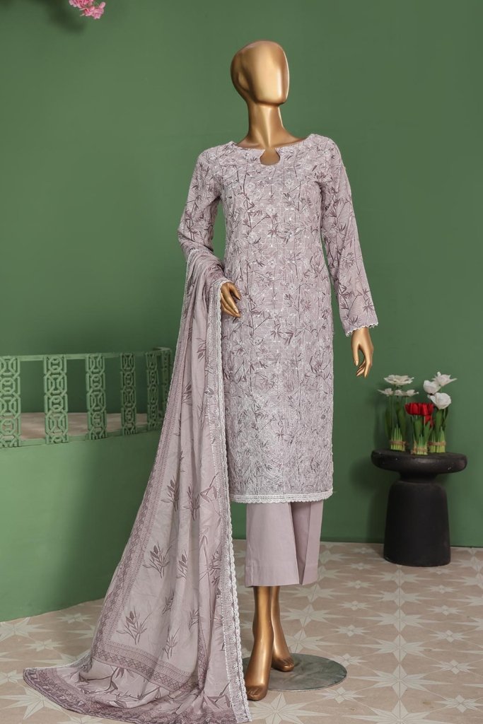 Pearl White Vol-3 Unstitched Digital Printed Lawn With Embroidered Front & 2 Side Scalloped Printed Voil Duppata PEA-026