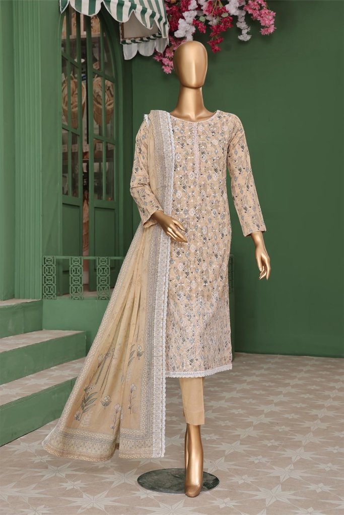 Pearl White Vol-3 Unstitched Digital Printed Lawn With Embroidered Front & 2 Side Scalloped Printed Voil Duppata PEA-028