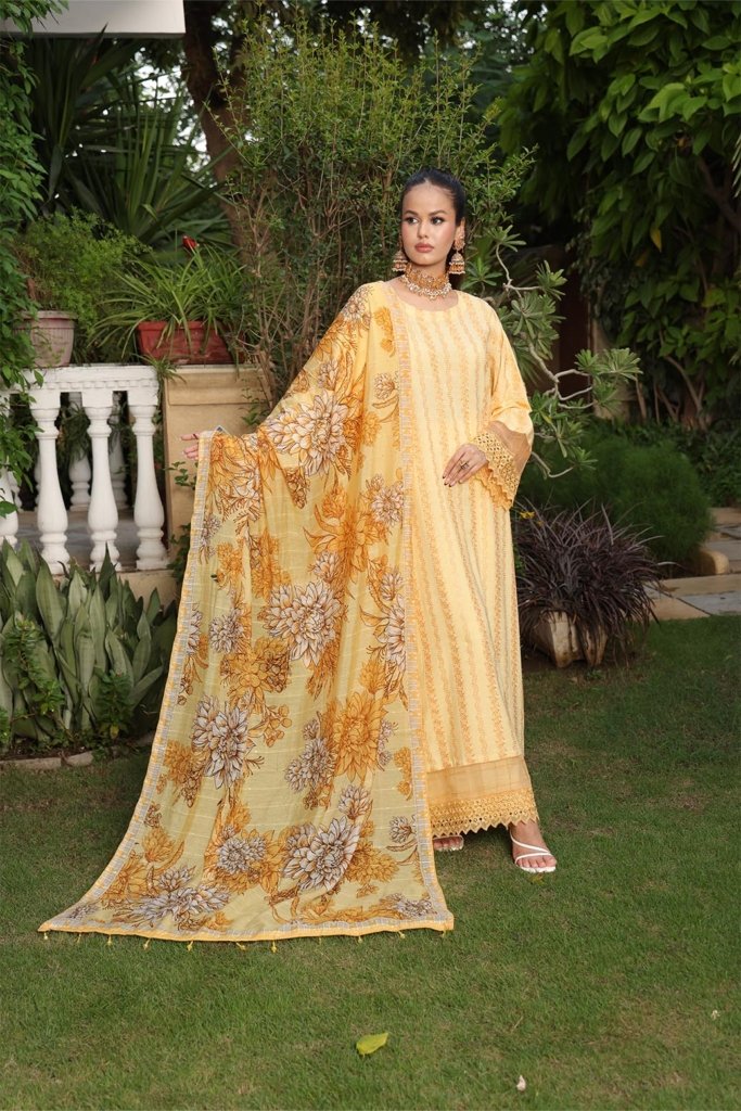 Mizka Unstitched dyed Slub Shirt With All Overe Schiffli With Sequins MONARCH Duppata MIZ-002