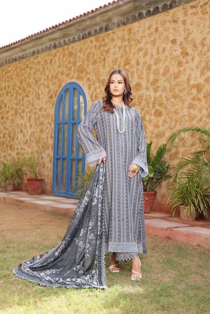 Mizka Unstitched dyed Slub Shirt With All Overe Schiffli With Sequins MONARCH Duppata MIZ-008
